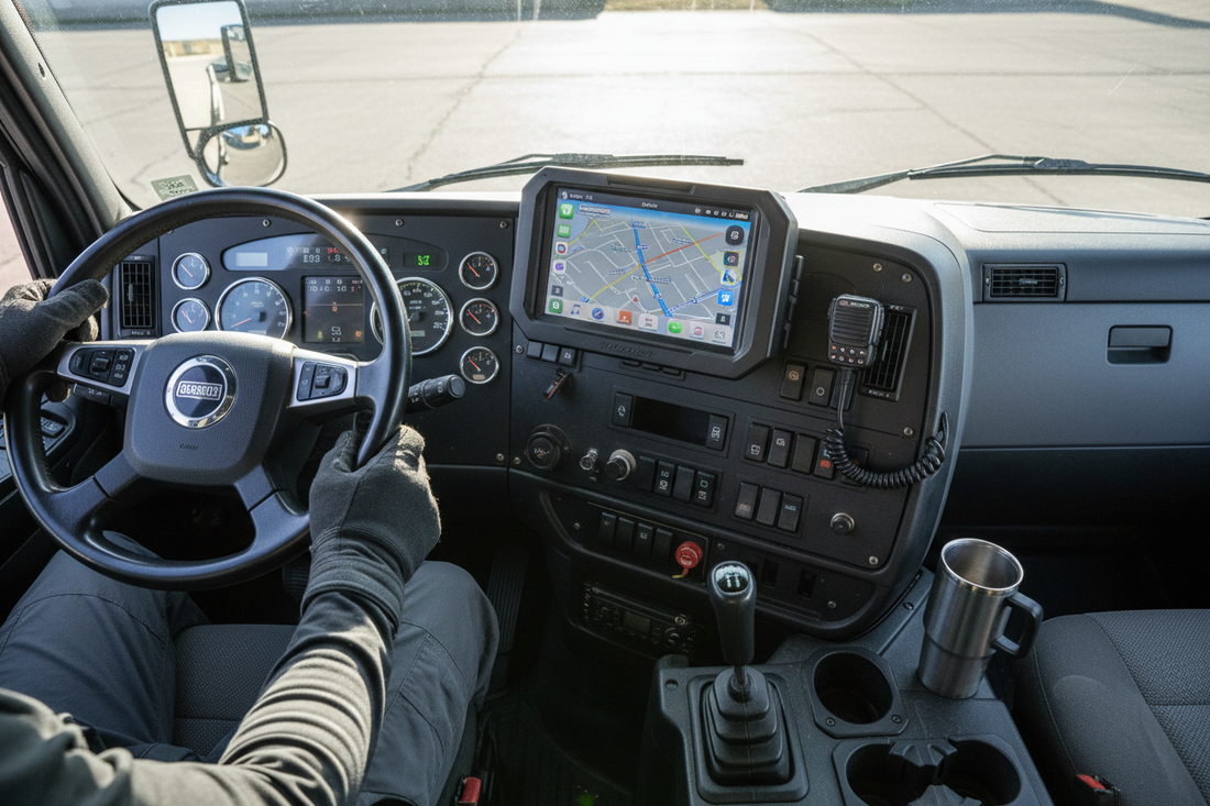 carplay fixé sur le tableau de bord d'un camion super lourd